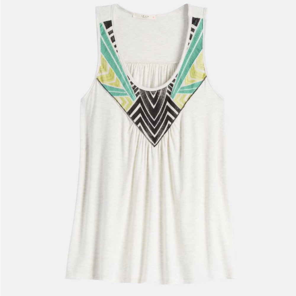 Le Lis White Tank Top with Black and Green Pattern